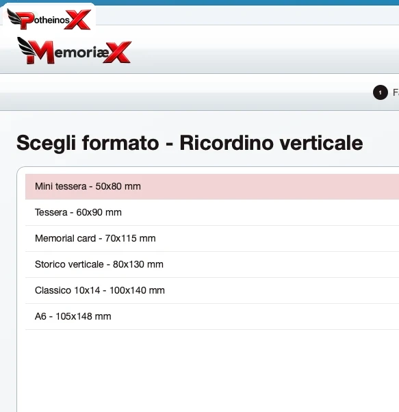 Scelta formato ricordino verticale in PotheinosX