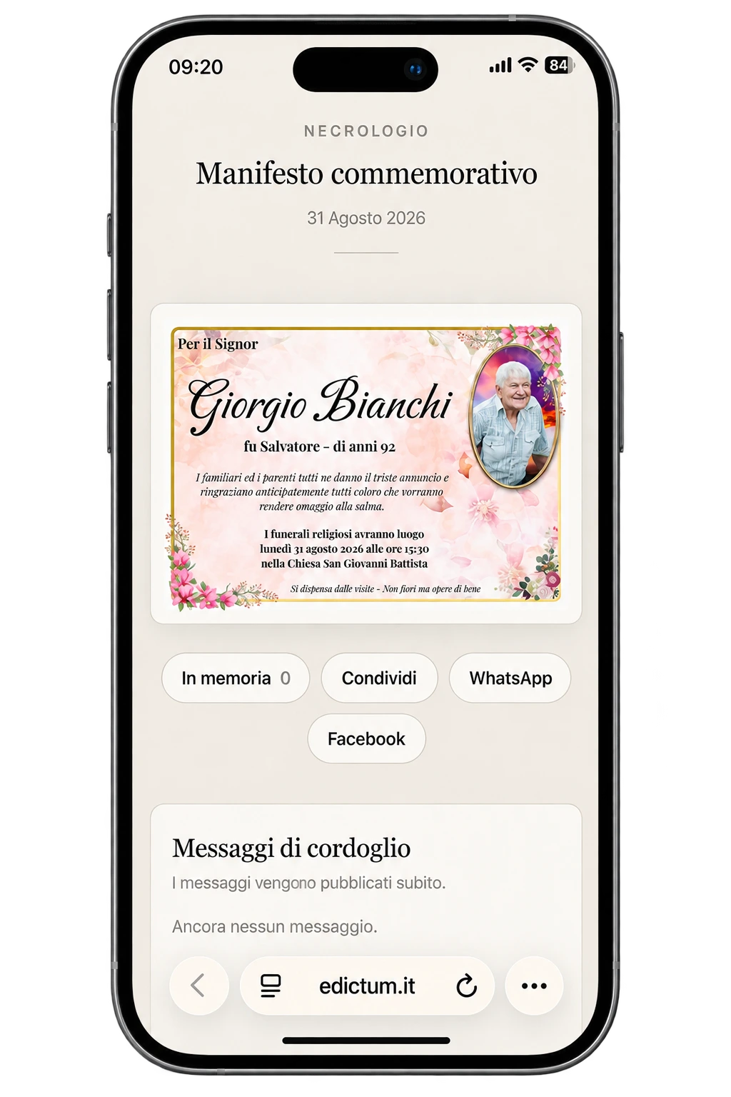 Pagina del ricordo online su smartphone