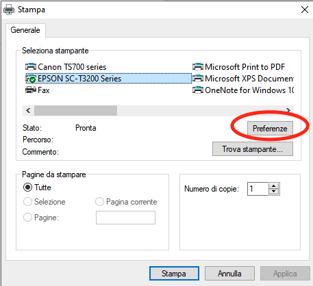 Preferenze di stampa windows