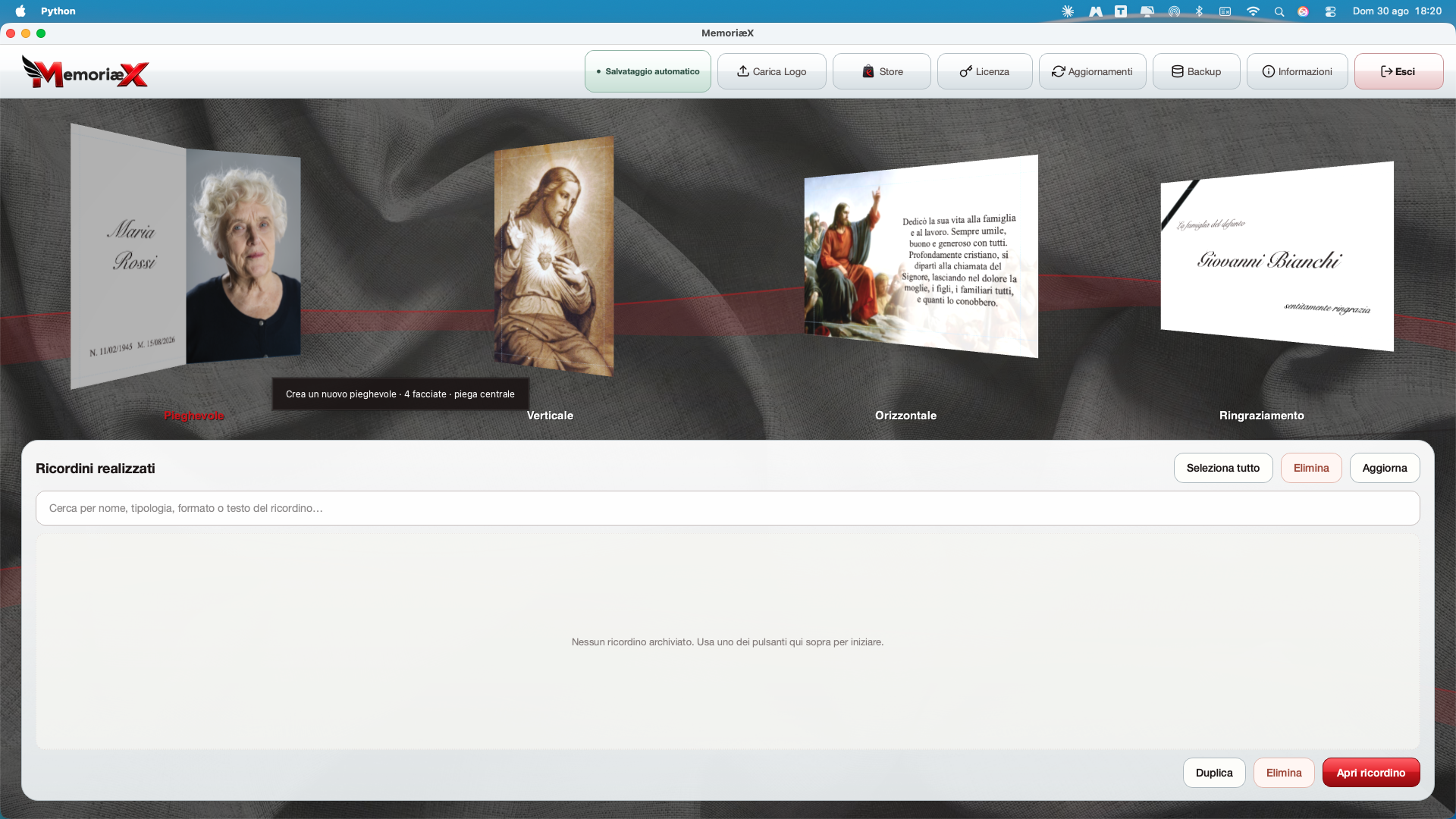 Dashboard MemoriæX software per ricordini funebri