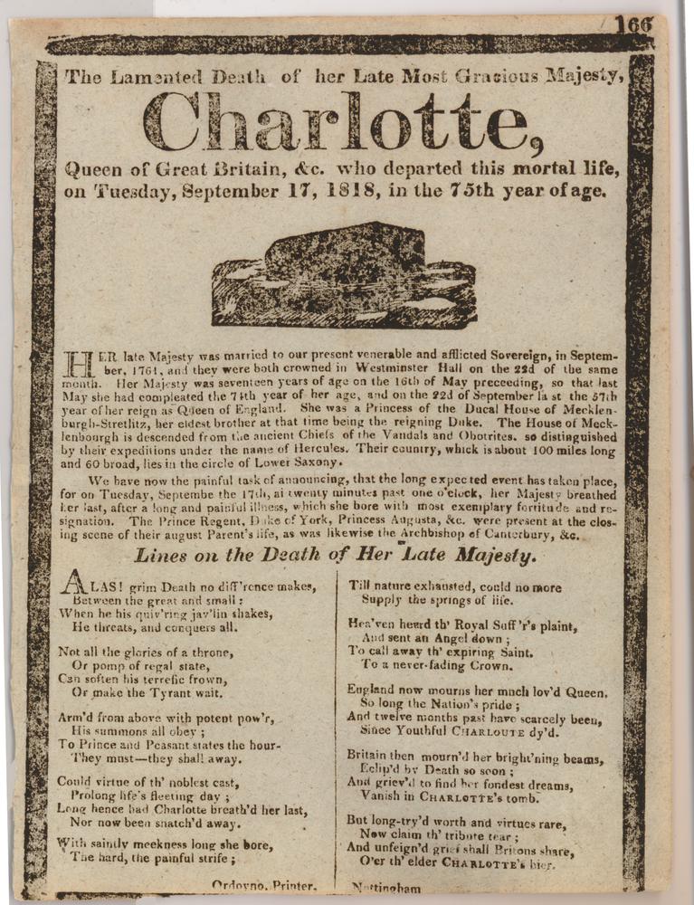 A broadside with an elegy to Queen Charlotte