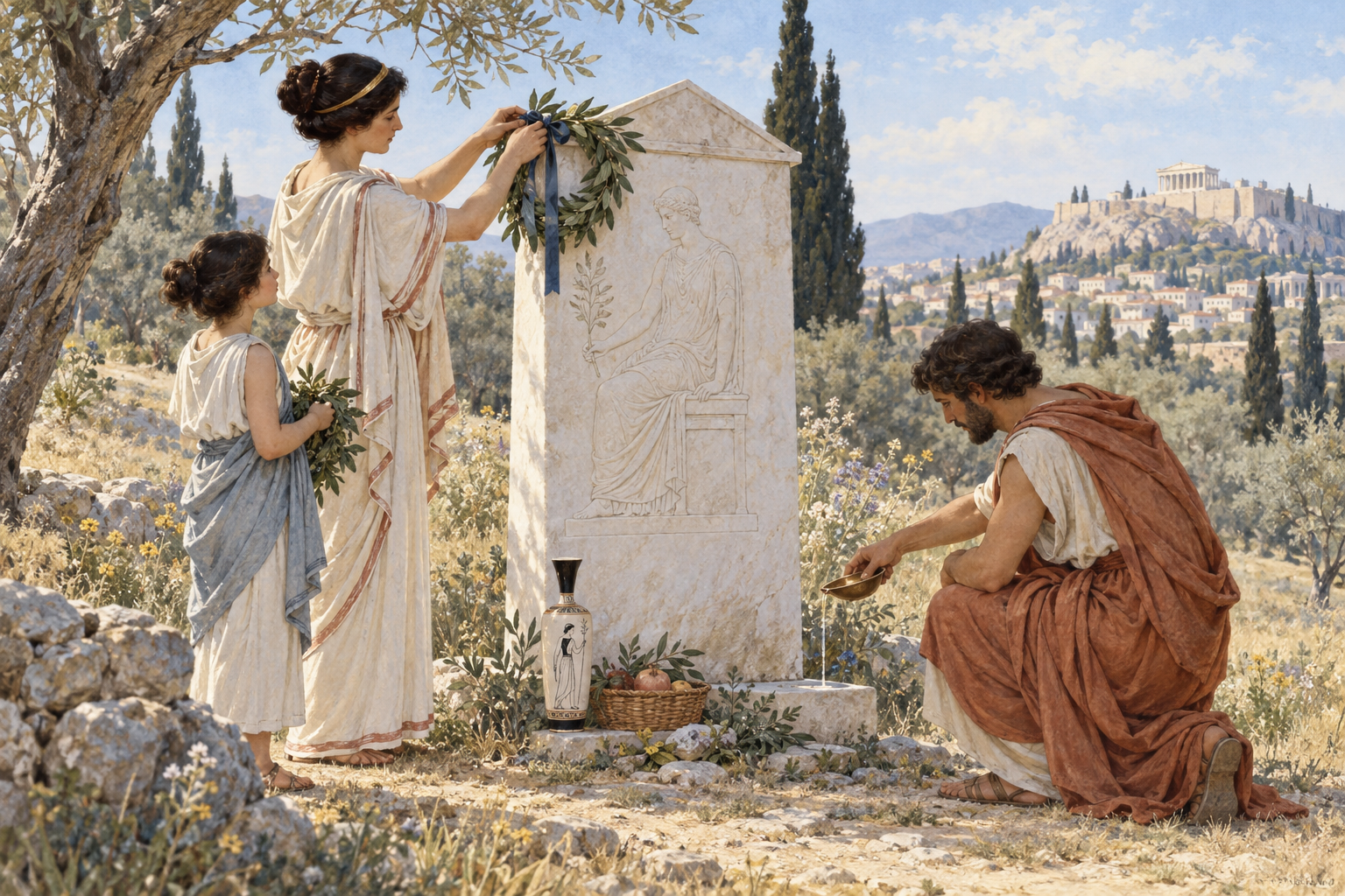 Famiglia greca depone offerte e una corona presso una stele funeraria