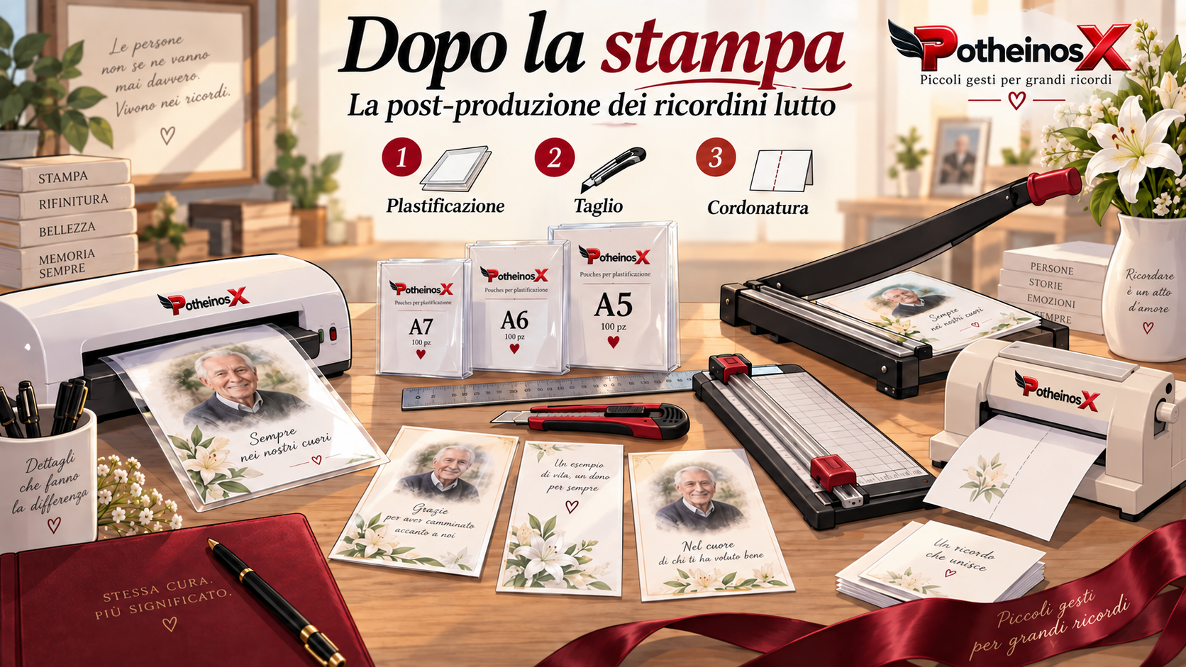 Dopo la stampa: plastificazione, taglio e cordonatura dei ricordini lutto PotheinosX