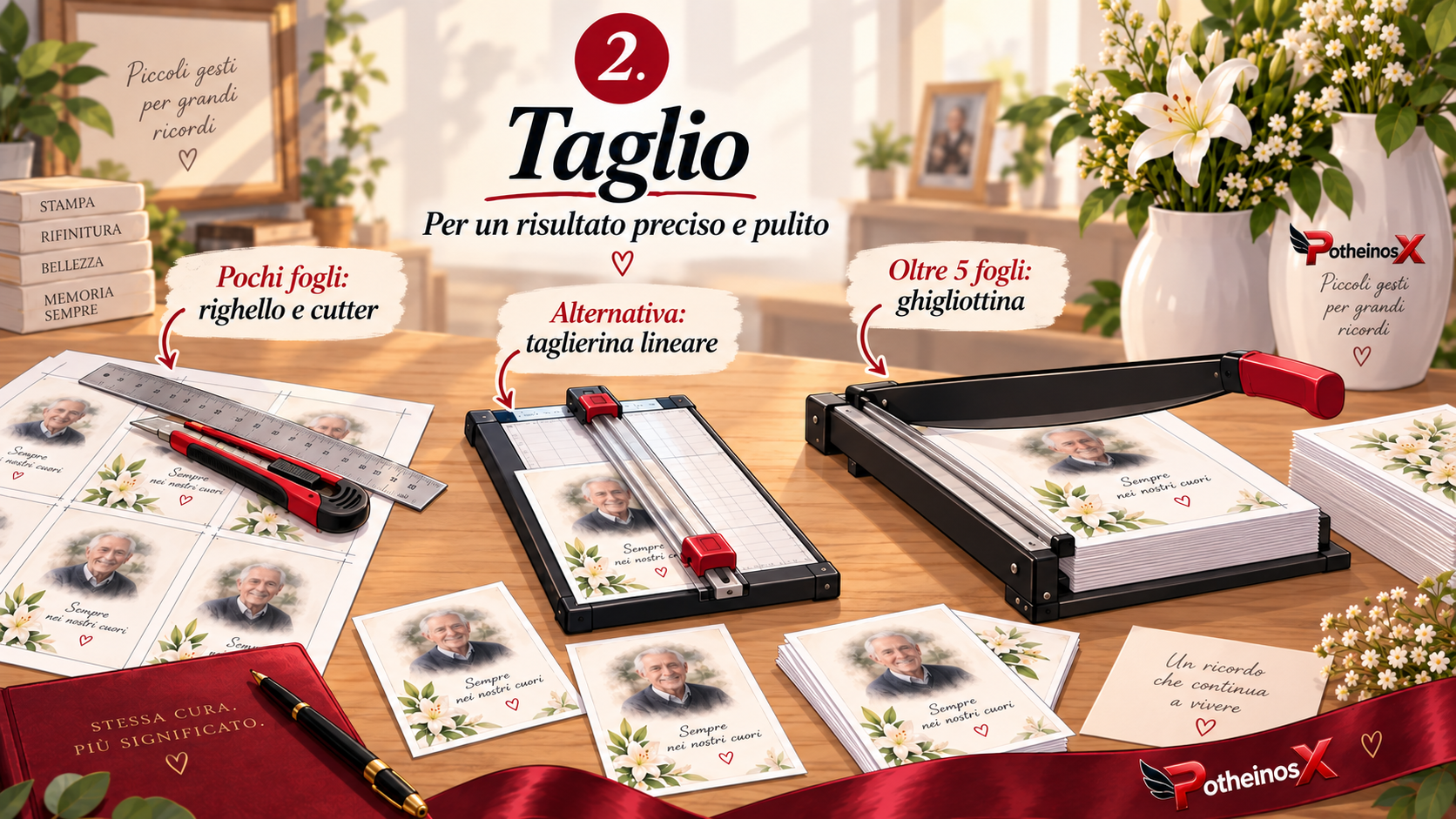 Taglio dei ricordini PotheinosX con cutter, taglierina lineare e ghigliottina