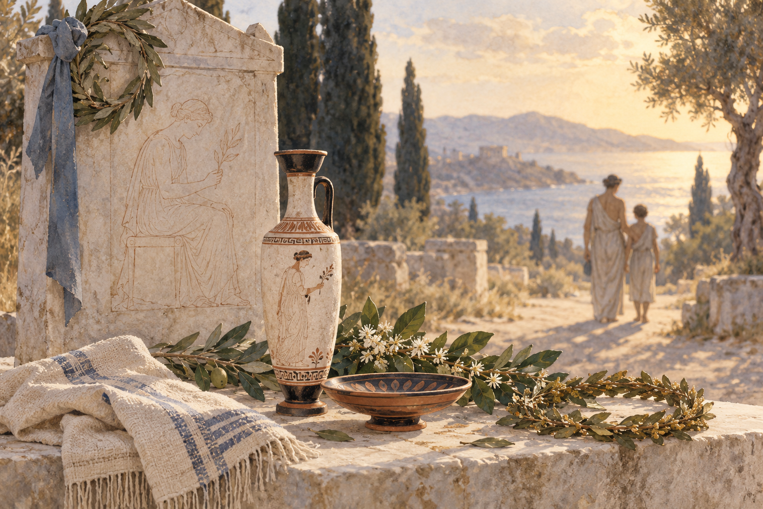 Lekythos, corona e oggetti commemorativi accanto a una stele greca